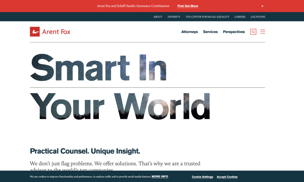 Screenshot of the Arent Fox website which uses bold messages and negative space impressively