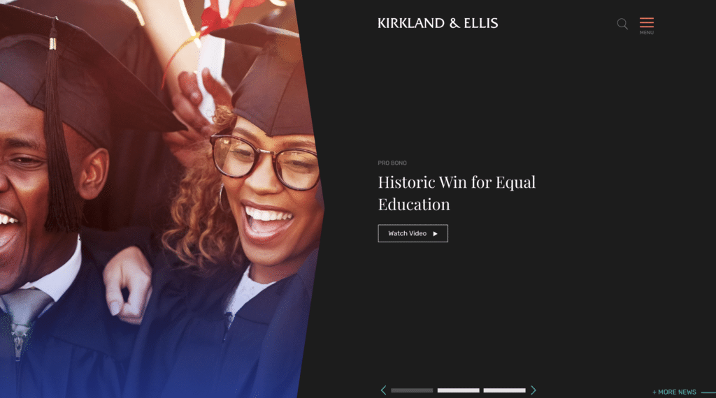 Screenshot of the Kirkland & Ellis website which showcases a sleek, elegant, and modern design