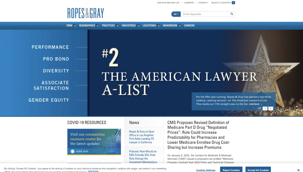 Screenshot of Ropes & Gray homepage which features an outdated design, more at home in the early 2000's than 2022