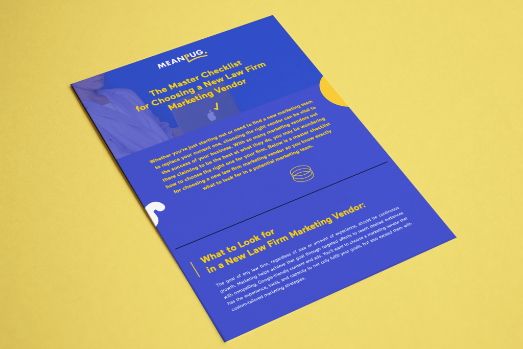 designed purple PDF of MeanPug marketing vendor checklist on yellow background