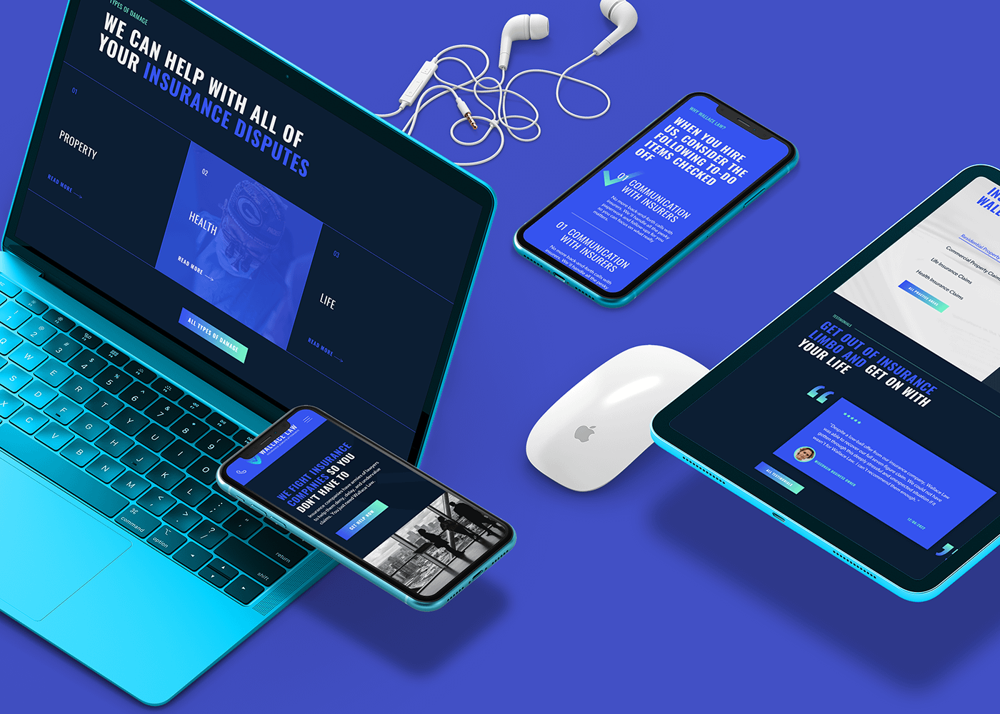 A blue-themed image displaying a laptop, tablet, and smartphones featuring Wallace Law's insurance dispute website. Earphones and a white mouse add a tech vibe.