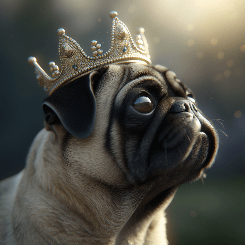 Pug looking into distance with kings crown on head