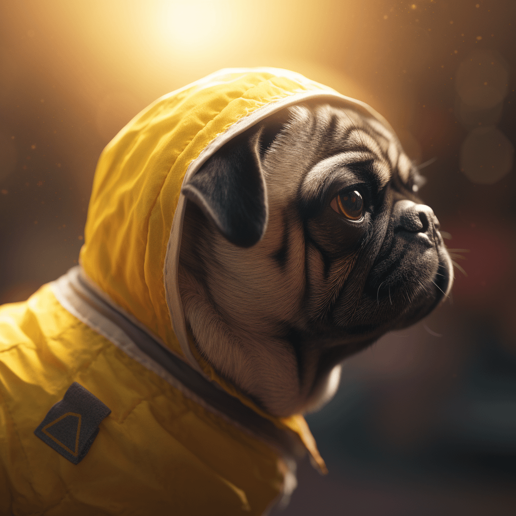 Pug dressed as a delivery man in a yellow jacket