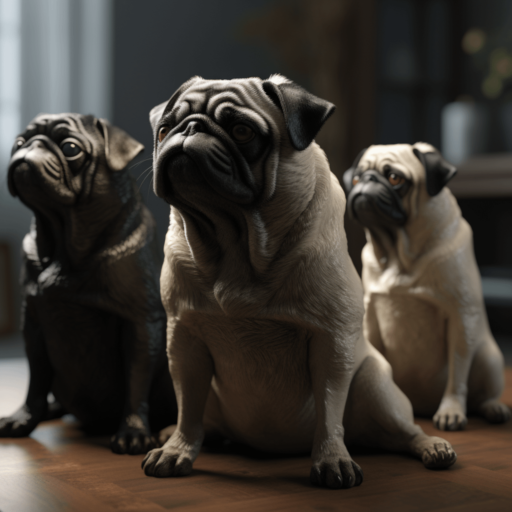 A medium size pug sitting next to a small pug and a large pug
