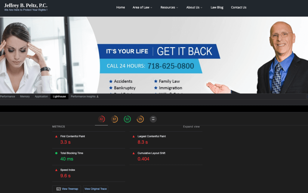 Screenshot of a law firm website with a slow page load time