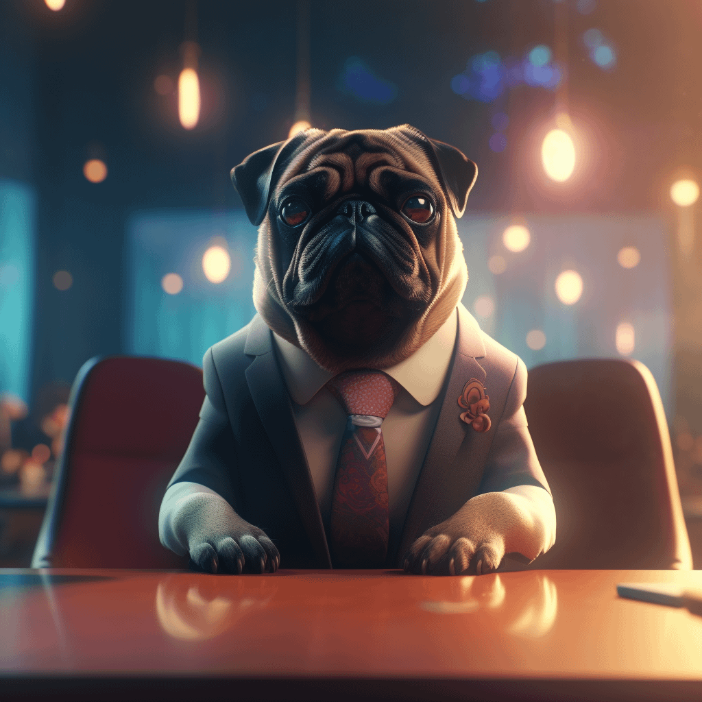 a pug in a suit at a large conference table