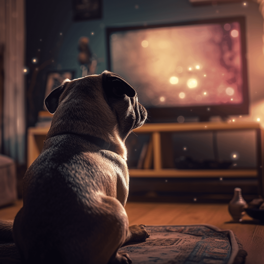 a pug sitting in front of the television
