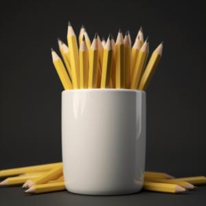 Yellow wooden pencils in a white ceramic jar with yellow pencils at the base