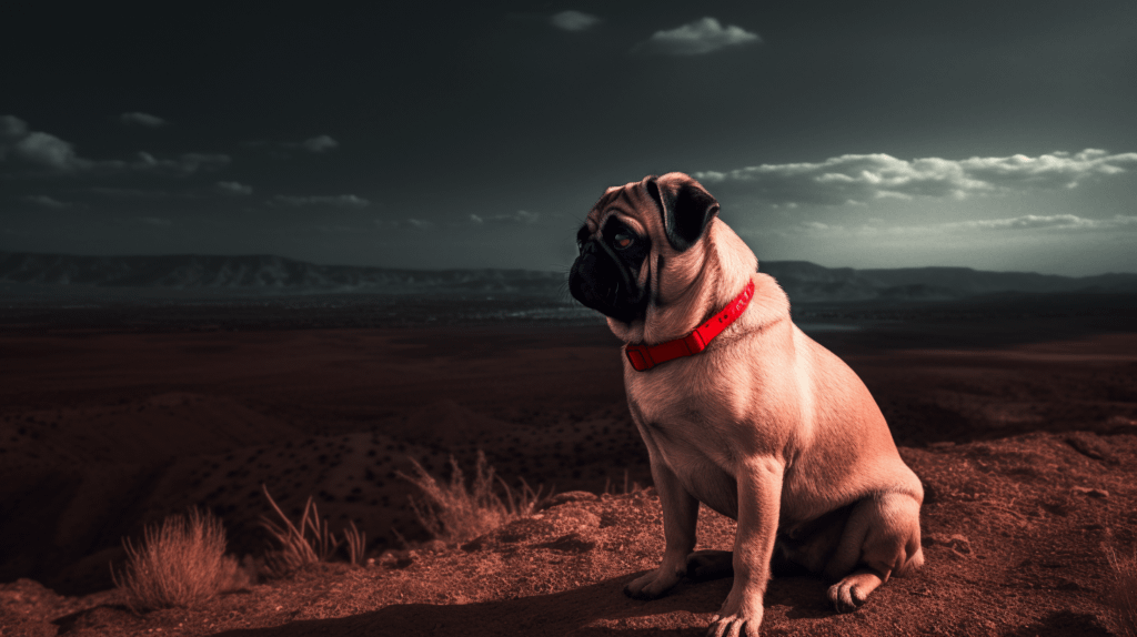 a pug looking out over a desolate landscape dark lighting high contrast