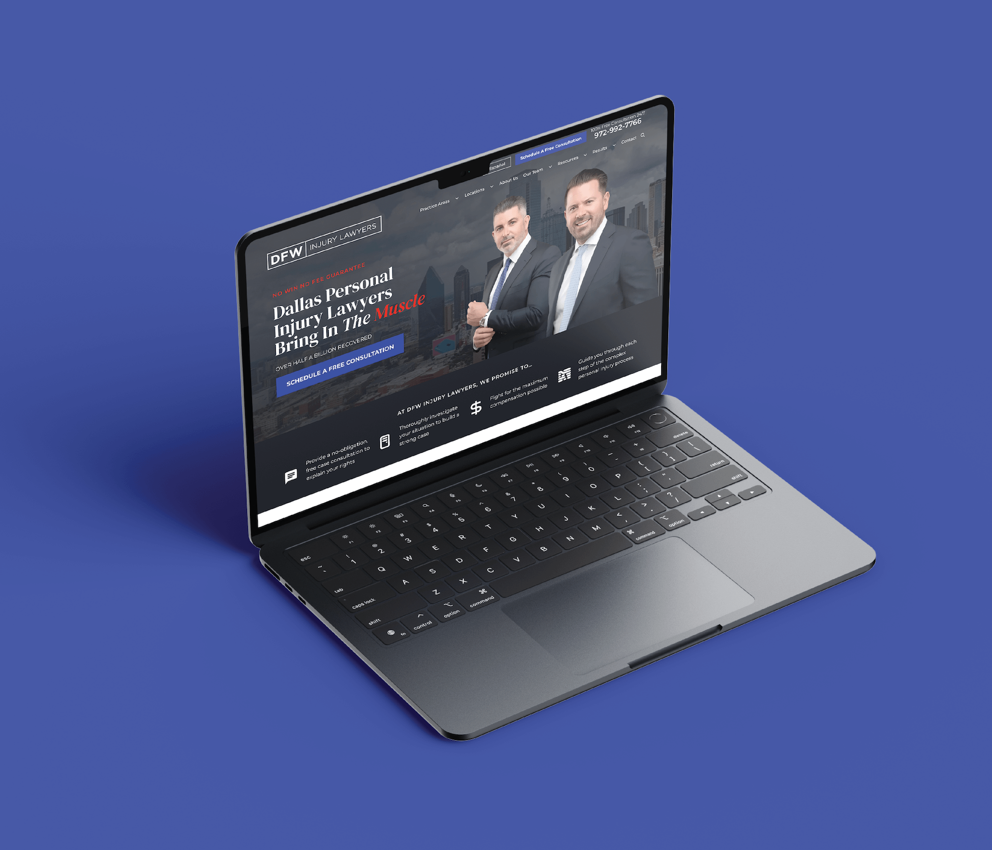 A black laptop on a blue surface displays the DFW Injury Lawyers website, featuring two men in suits shaking hands and text about Dallas personal injury lawyers.