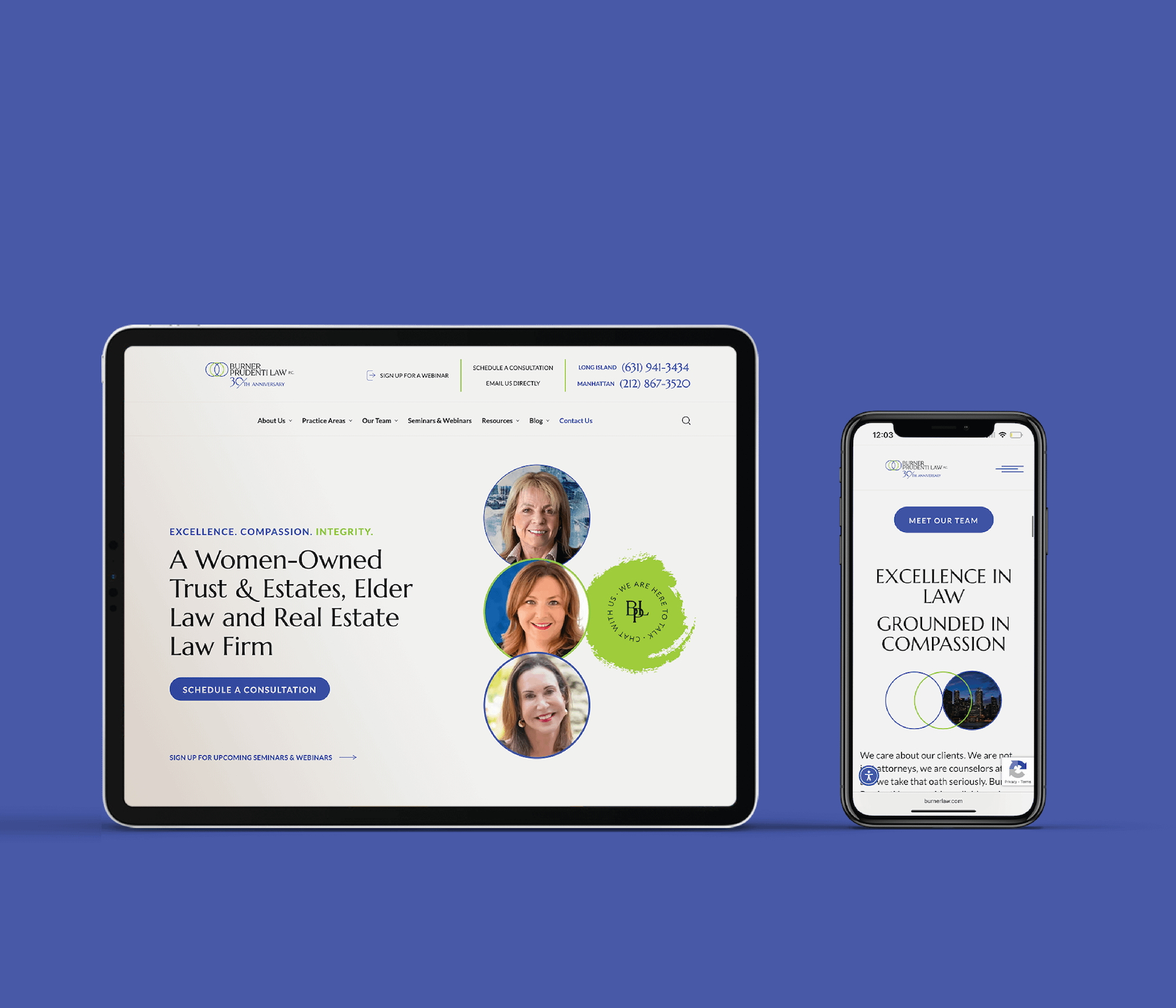 A tablet and smartphone display the Burner Prudenti Law website with blue accents. The tablet shows images of three women and text about trust, estates, elder, and real estate law. The phone displays a similar website design and information.