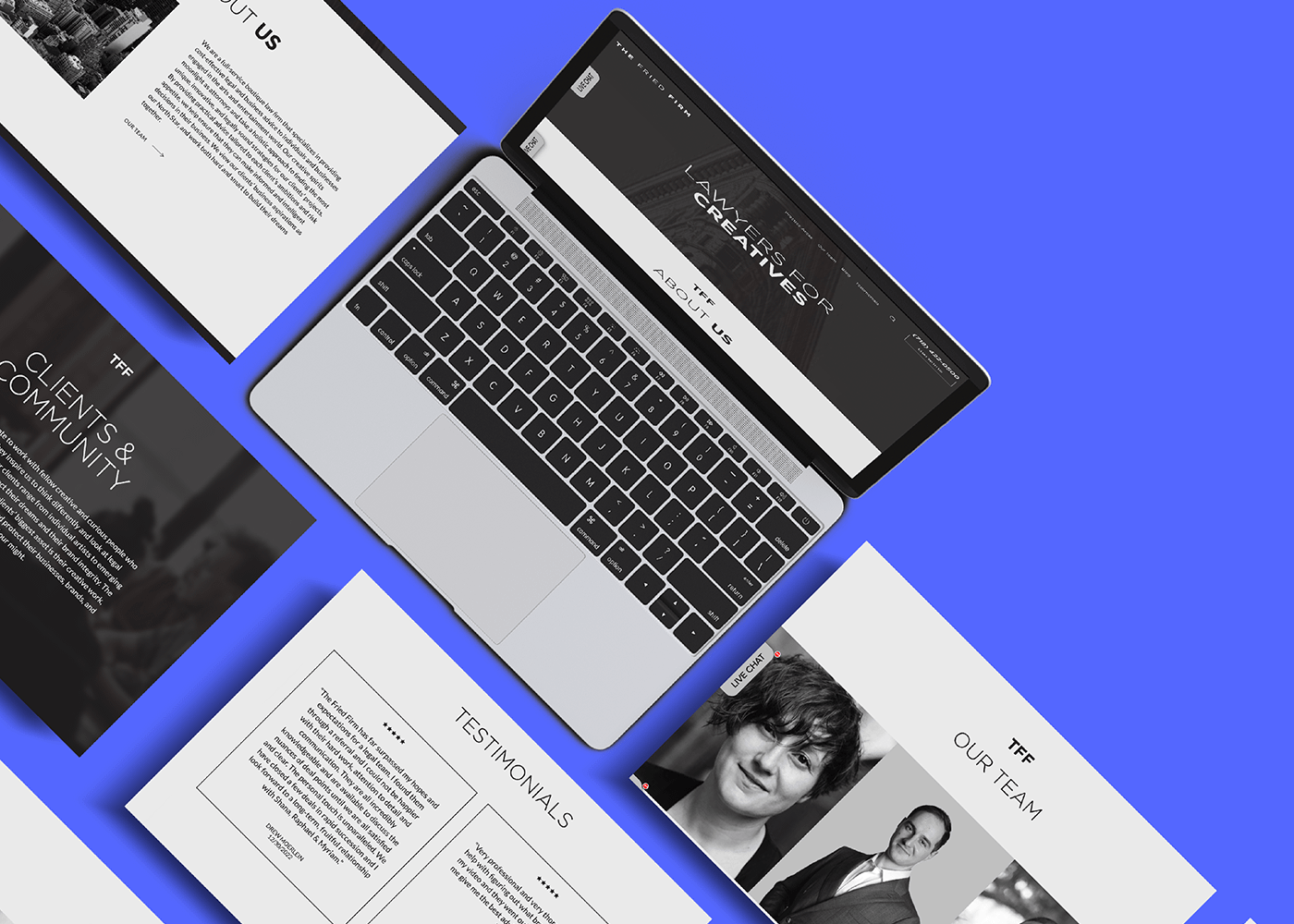Tablets and laptop displaying web pages for The Fried Firm on a blue background, featuring sections like "About Us" and "Team" with images and text, conveying professionalism.