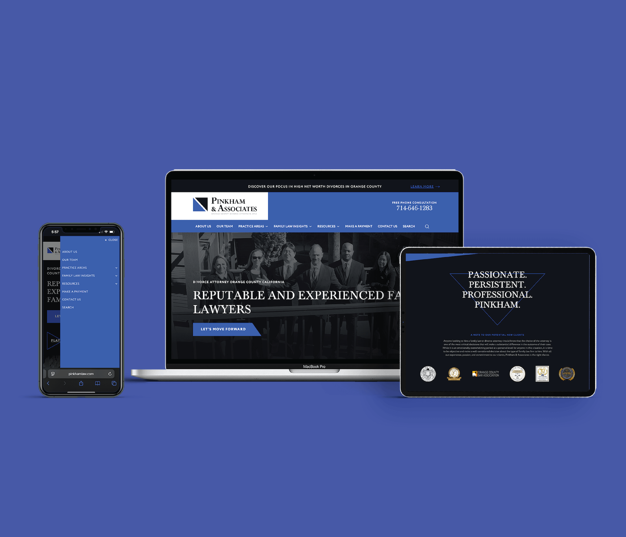 A smartphone, laptop, and tablet display Pinkham & Associates website with a blue theme. The screens show navigation menus, firm details, and contact information against a solid blue background.