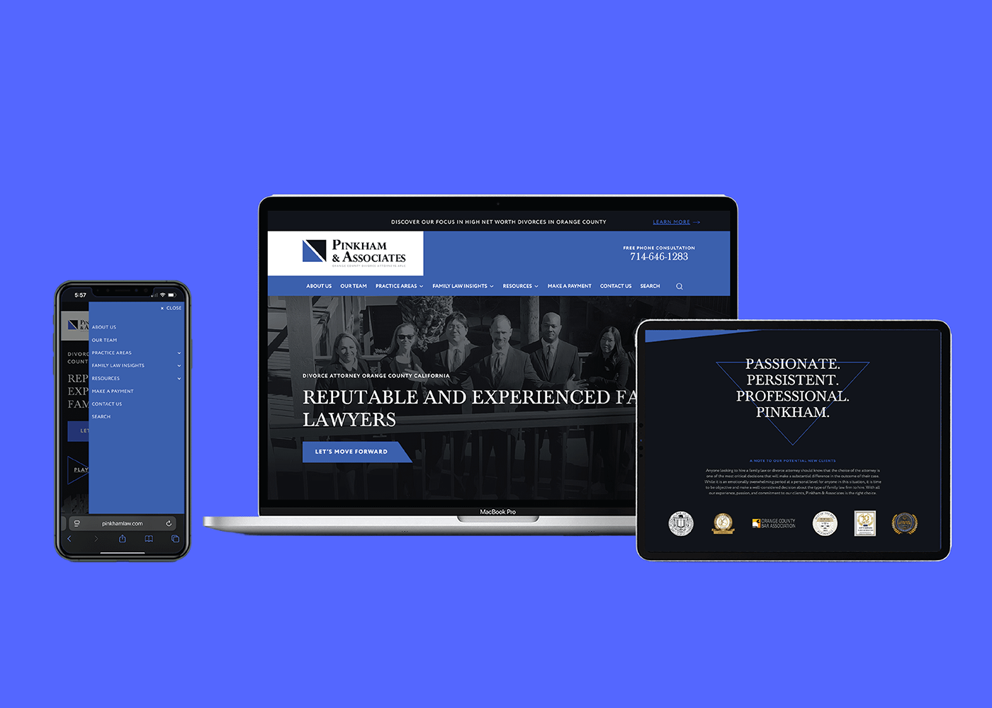 A smartphone, laptop, and tablet display Pinkham & Associates, APLC's website on a blue background, showing professional services and contact info for the firm.