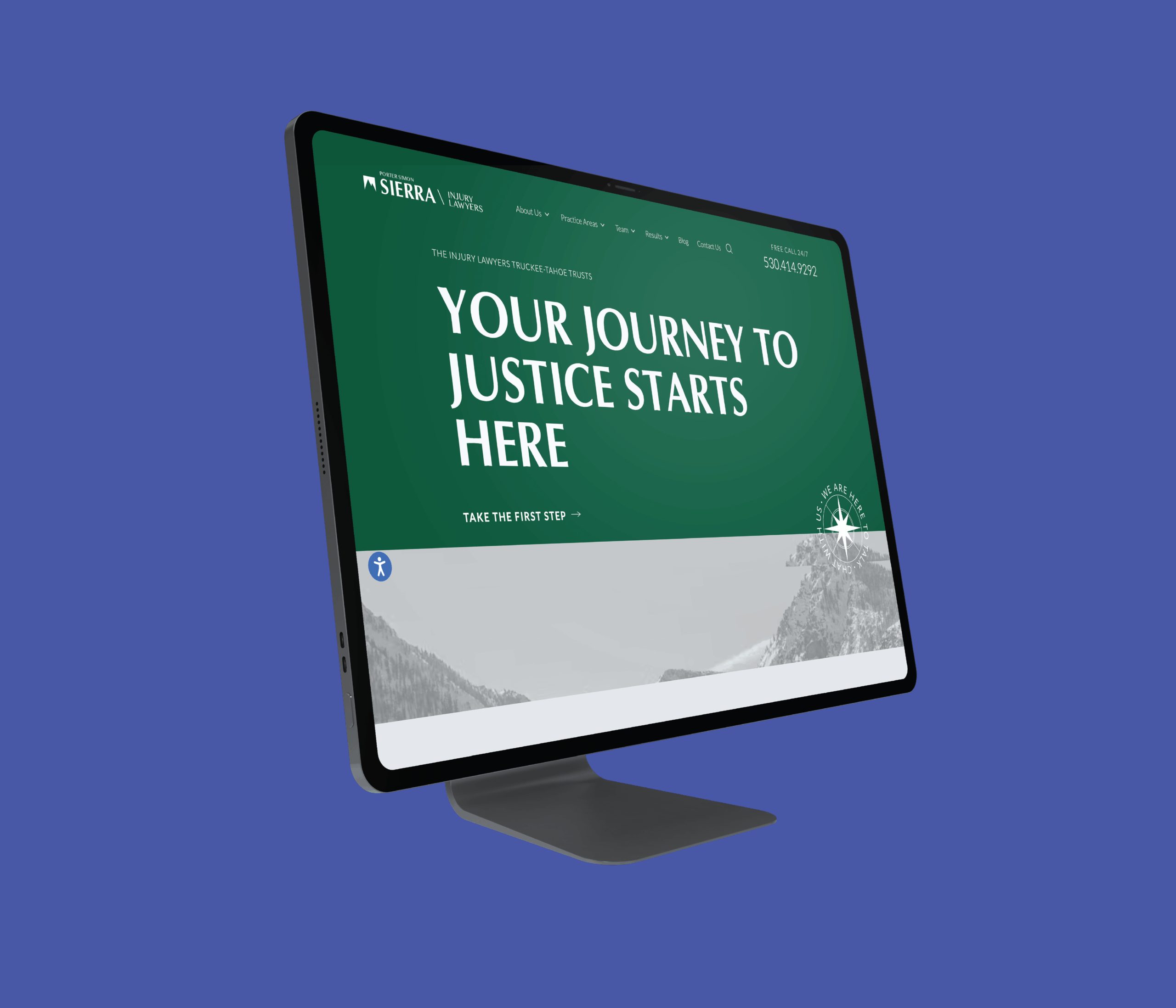 A computer monitor displays the Porter Simon website with a green banner reading Your Journey to Justice Starts Here on a blue background. The website header includes a logo, navigation links, and a contact phone number.