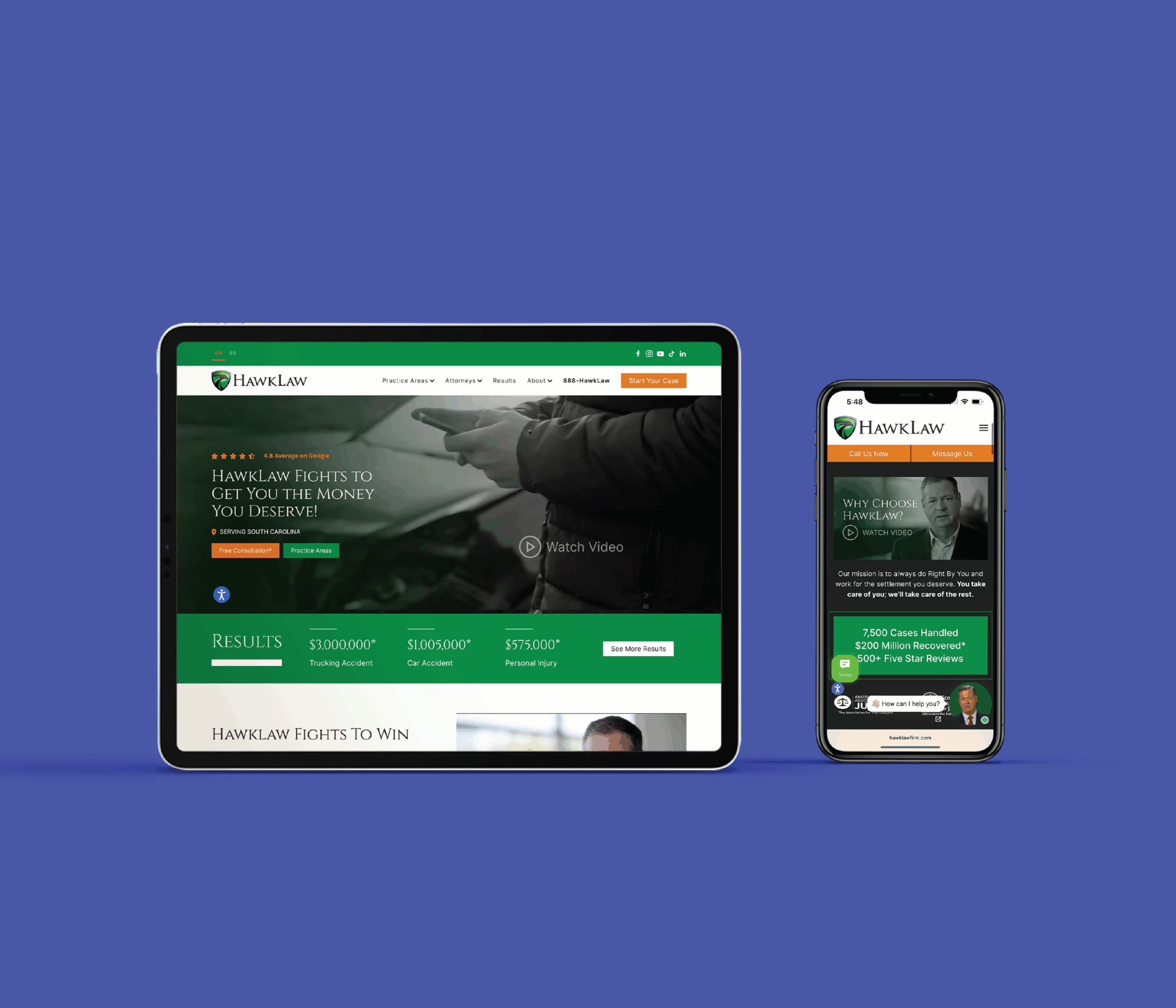 A tablet and smartphone display the HawkLaw website, featuring a lawyer, financial results, and green branding, against a solid blue background.
