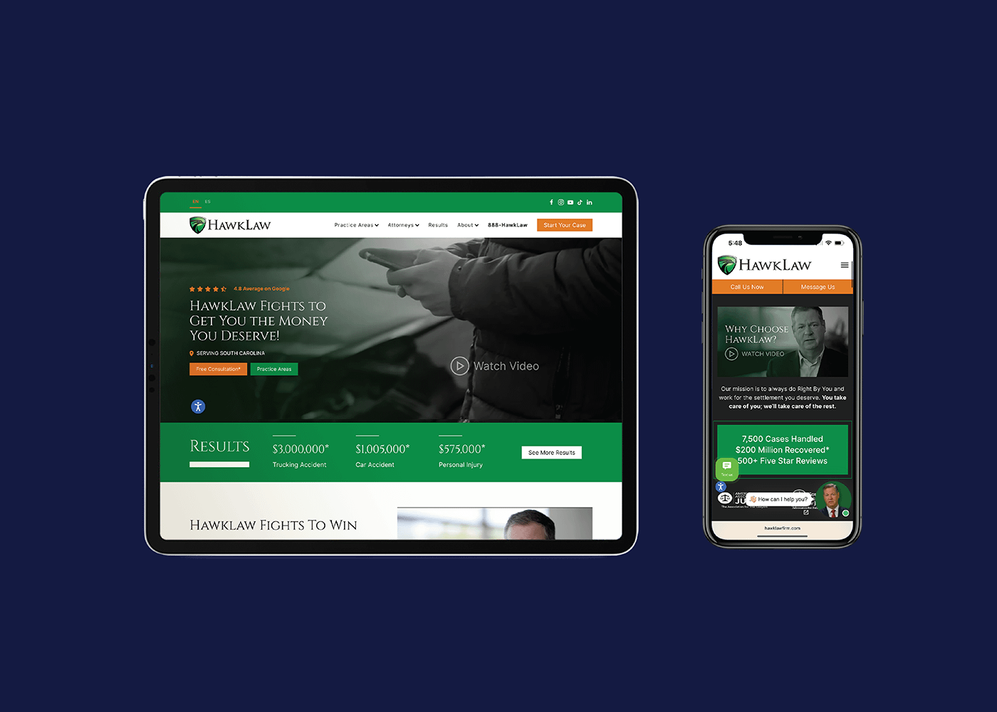 Screenshot showing HawkLaw's responsive website design on a tablet and smartphone, next to each other on a dark blue background. The layout features a green and white color scheme with text about legal services and successful case results.
