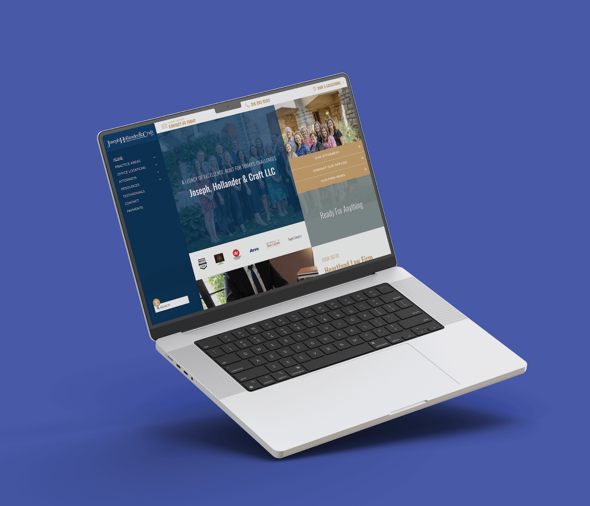 A silver laptop on a blue background displays the Joseph Hollander & Craft LLC website, showing a navigation menu, a header image with people, and sections for legal services.
