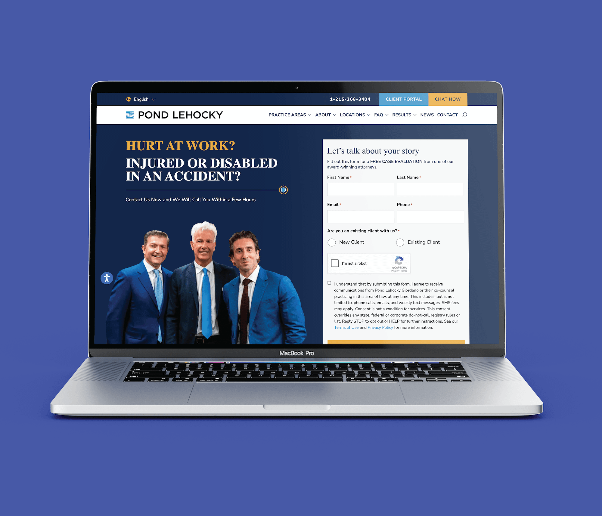 A laptop displays the Pond Lehocky Giordano law firms website, featuring three smiling men in suits on the left and a contact form for accident or injury inquiries on the right, against a blue background.