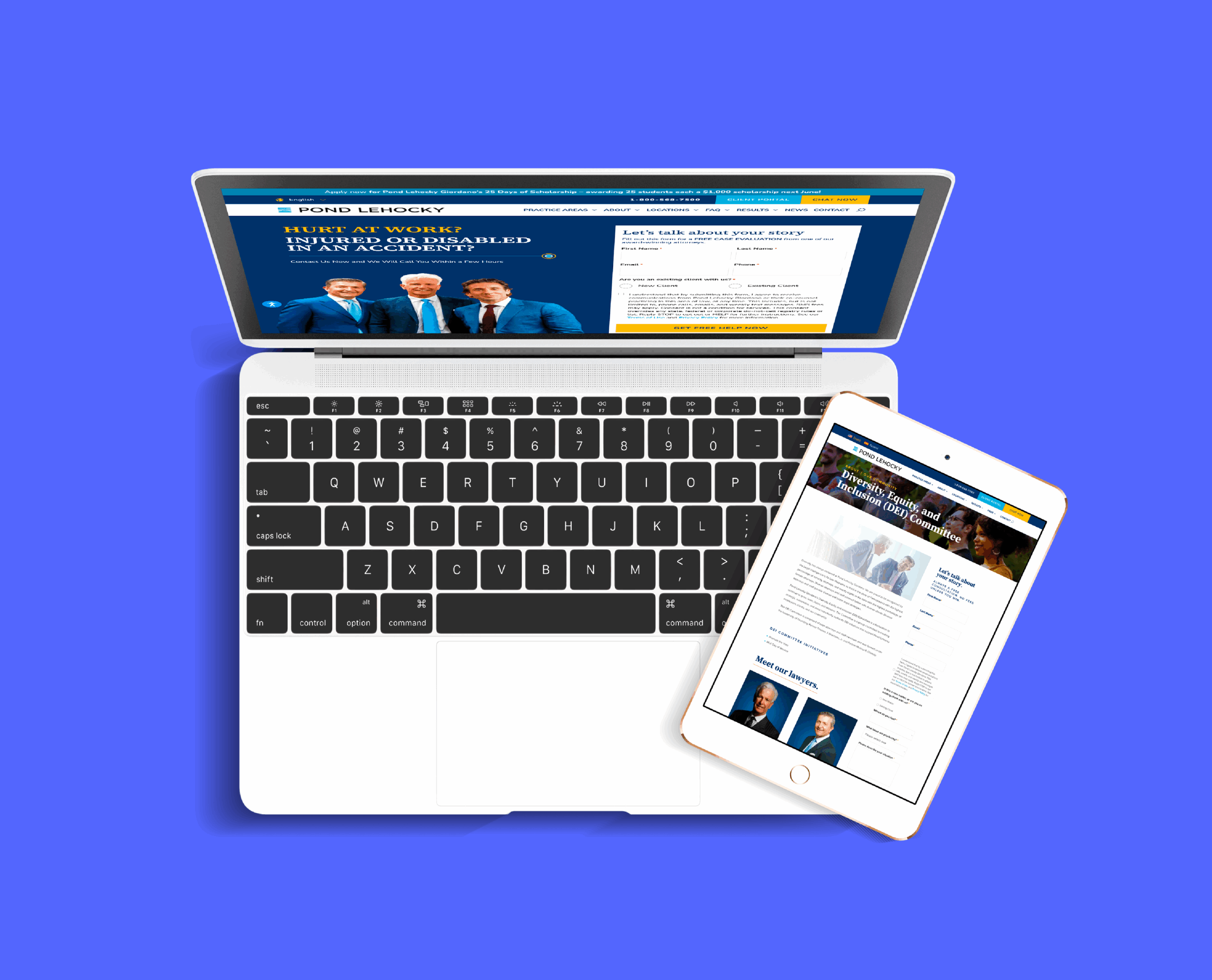 Laptop and tablet on a vibrant blue background. Laptop displays a homepage with three men in suits; tablet shows a related webpage for Pond Lehocky Giordano LLP. Professional, clean design.