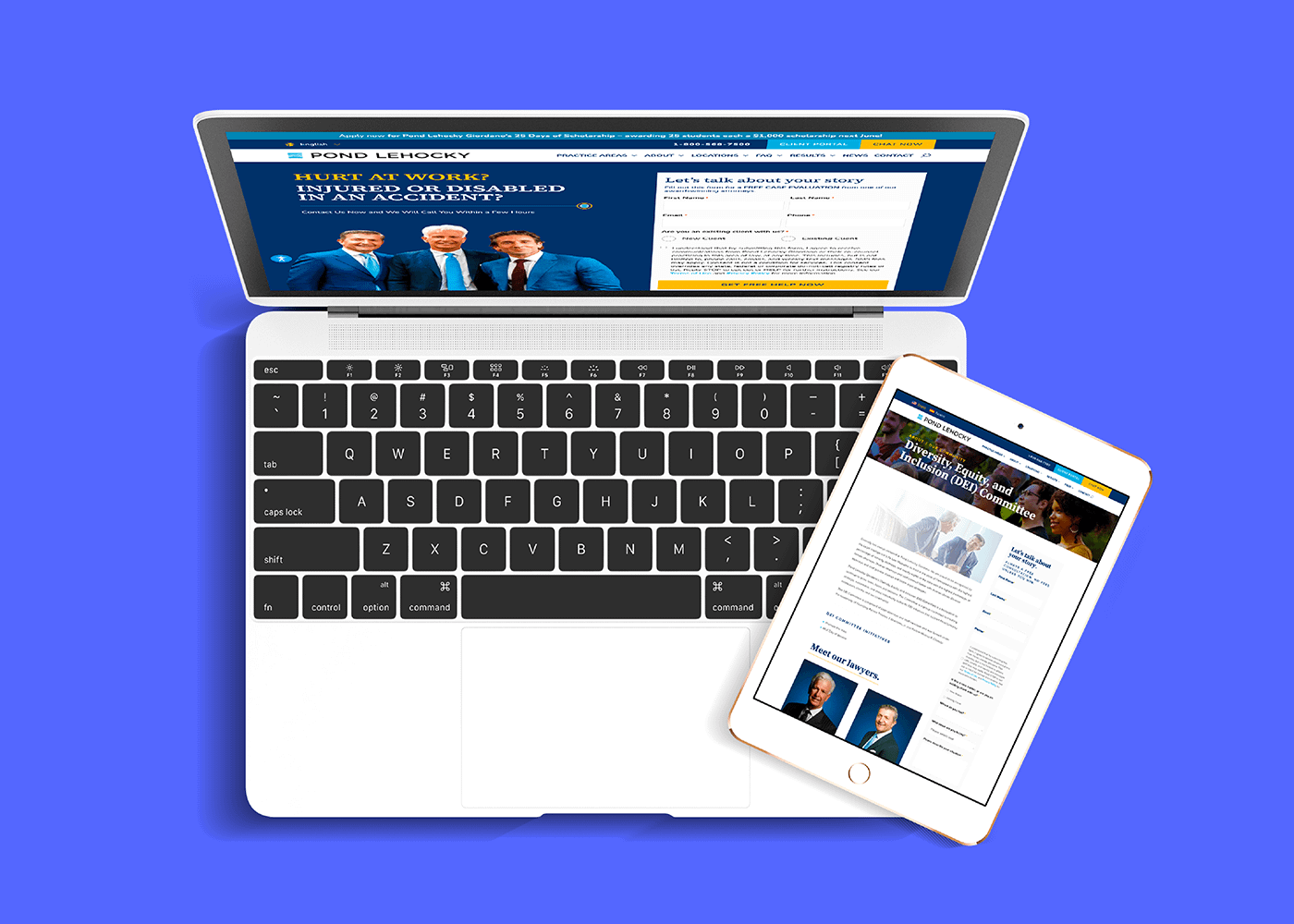Laptop and tablet on a vibrant blue background. Laptop displays a homepage with three men in suits; tablet shows a related webpage for Pond Lehocky Giordano LLP. Professional, clean design.