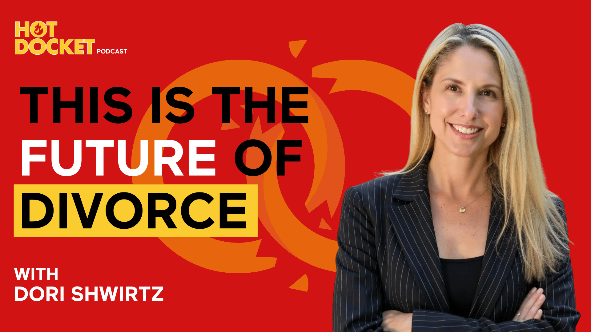 A woman in a pinstripe blazer stands smiling with arms crossed next to bold text that reads This is the future of divorce on a red background with interlocking rings and the Hot Docket Podcast logo.