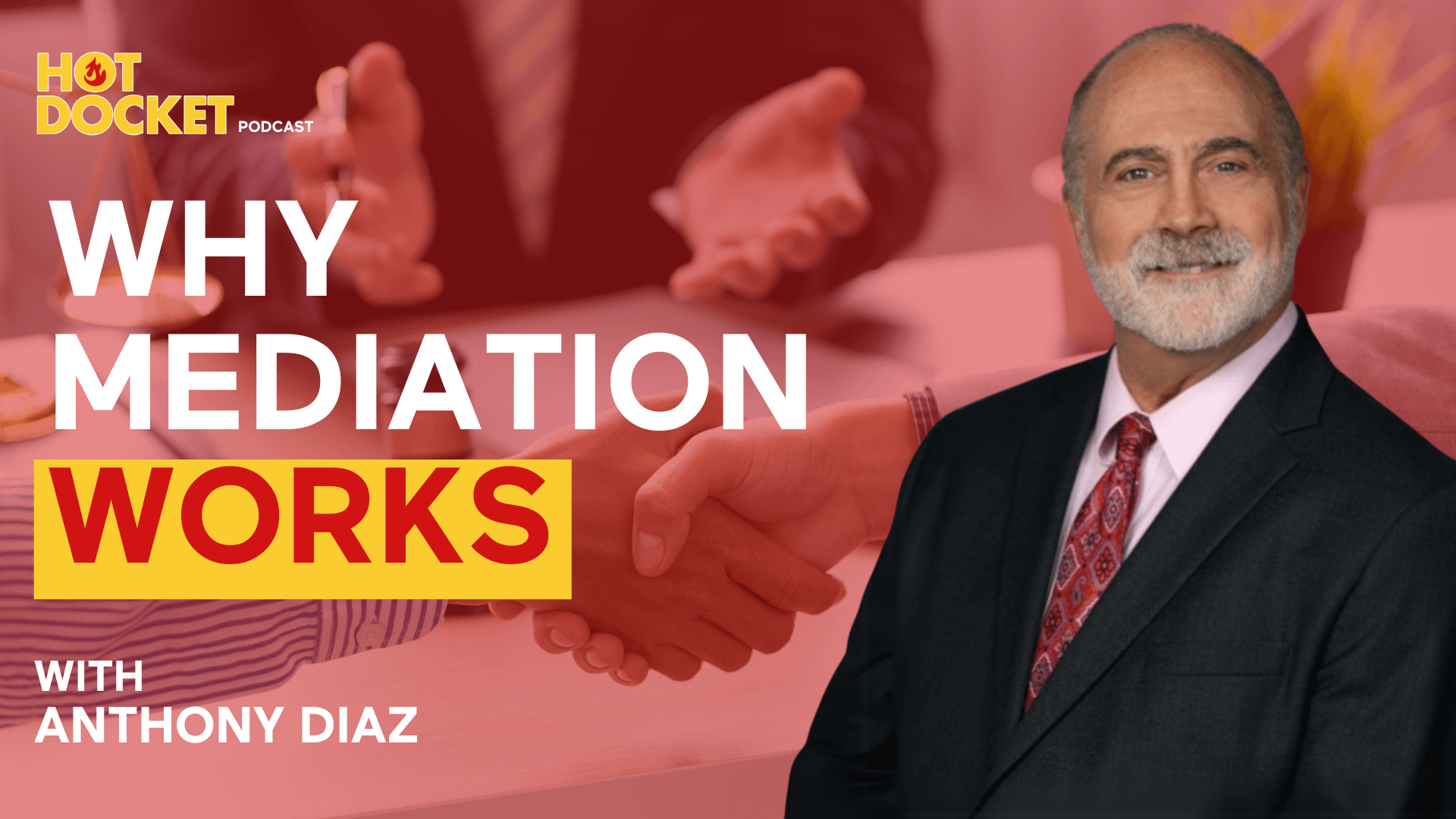 Podcast cover image with the title Why Mediation Works in bold text. Features a man in a suit smiling. In the background, two people shake hands, suggesting agreement. HOT DOCKET PODCAST and With Anthony Diaz are also shown.