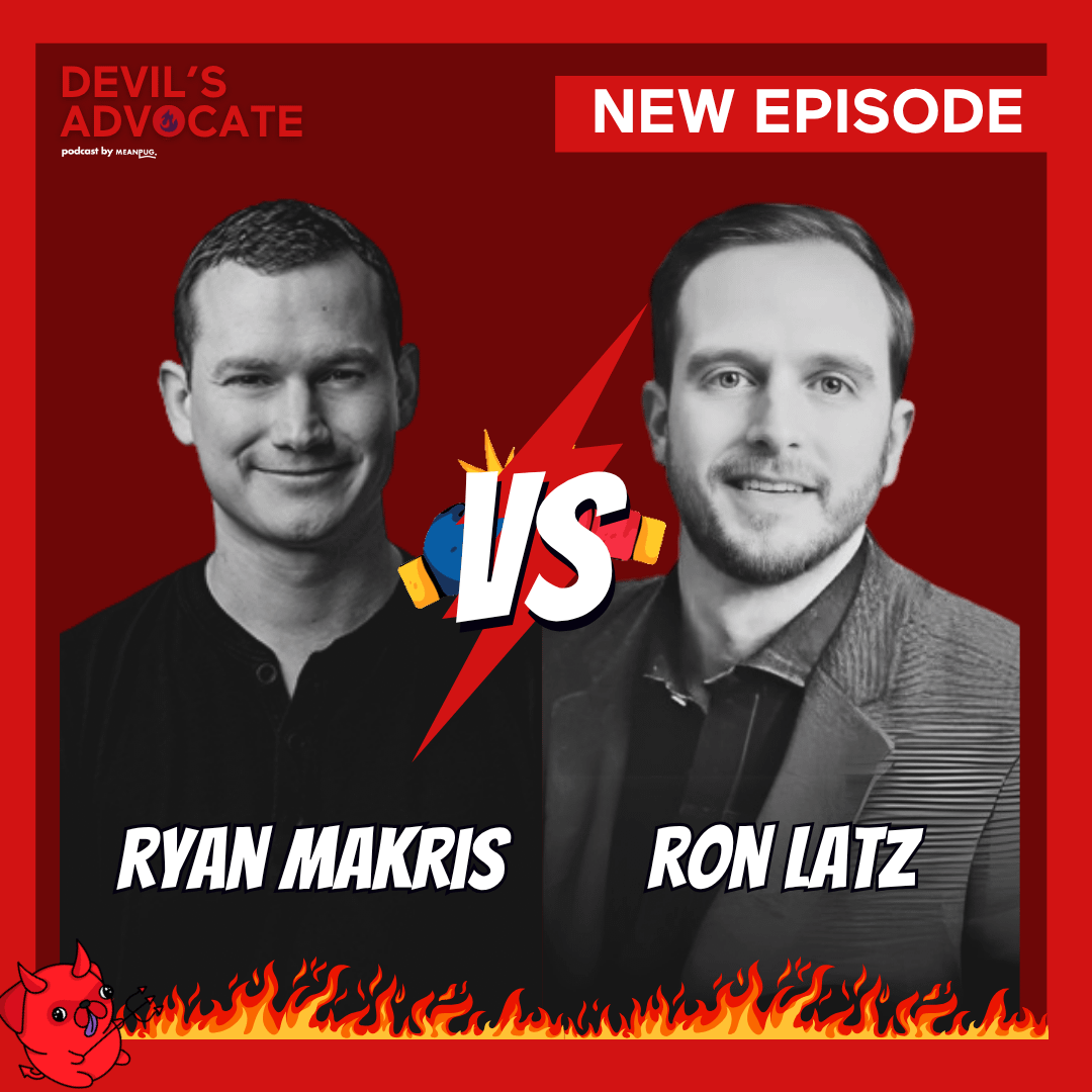 Two men are shown side by side on a red graphic with Ryan Makris and Ron Latz labeled below them, separated by a VS symbol. Devils Advocate and New Episode are written in the corners, with flames at the bottom.