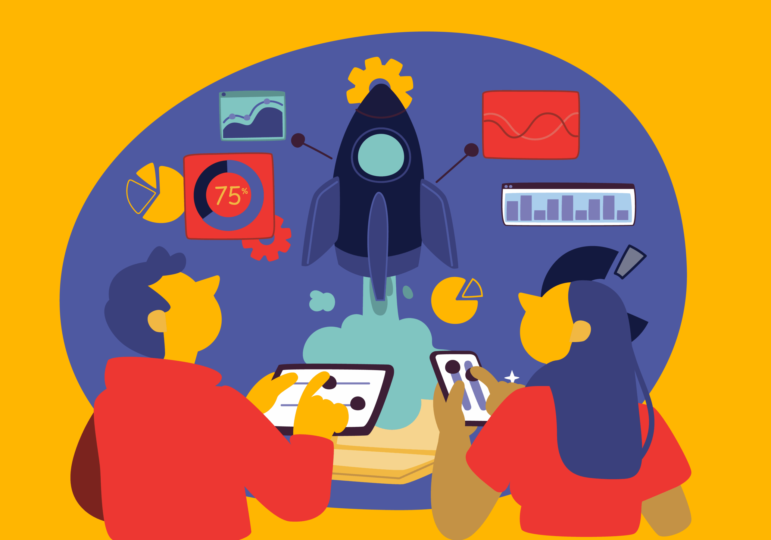 Two people using tablets analyze charts and graphs while a rocket launches in the center, surrounded by data visualizations, symbolizing innovation and data-driven teamwork.