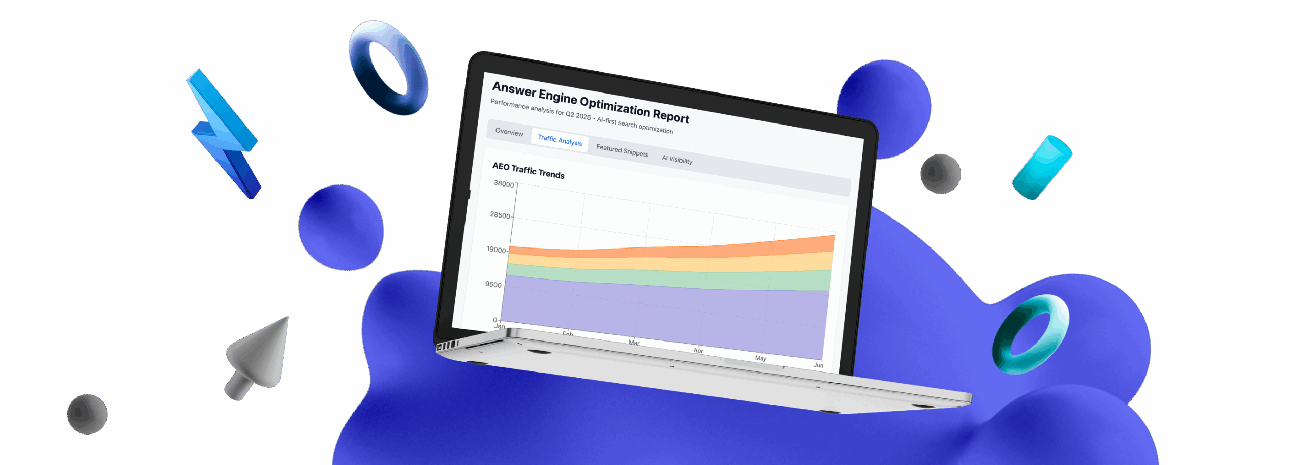 A laptop displaying a colorful line graph titled Answer Engine Optimization Report, surrounded by floating 3D shapes on a blue abstract background.