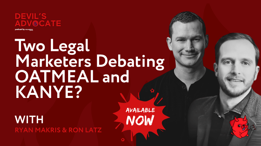 Two men, Ryan Makris and Ron Latz, are featured on a promotional image for the Devil’s Advocate podcast. The text highlights a debate about oatmeal and Kanye, with a red Available Now graphic and a devil cat logo.