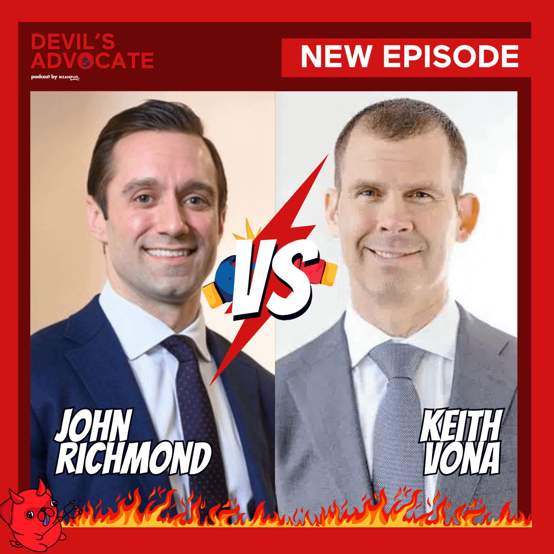 A promotional graphic for the Devils Advocate podcast shows John Richmond and Keith Vona in business attire, facing each other with a VS symbol between them, and a New Episode banner at the top. Flames border the bottom.