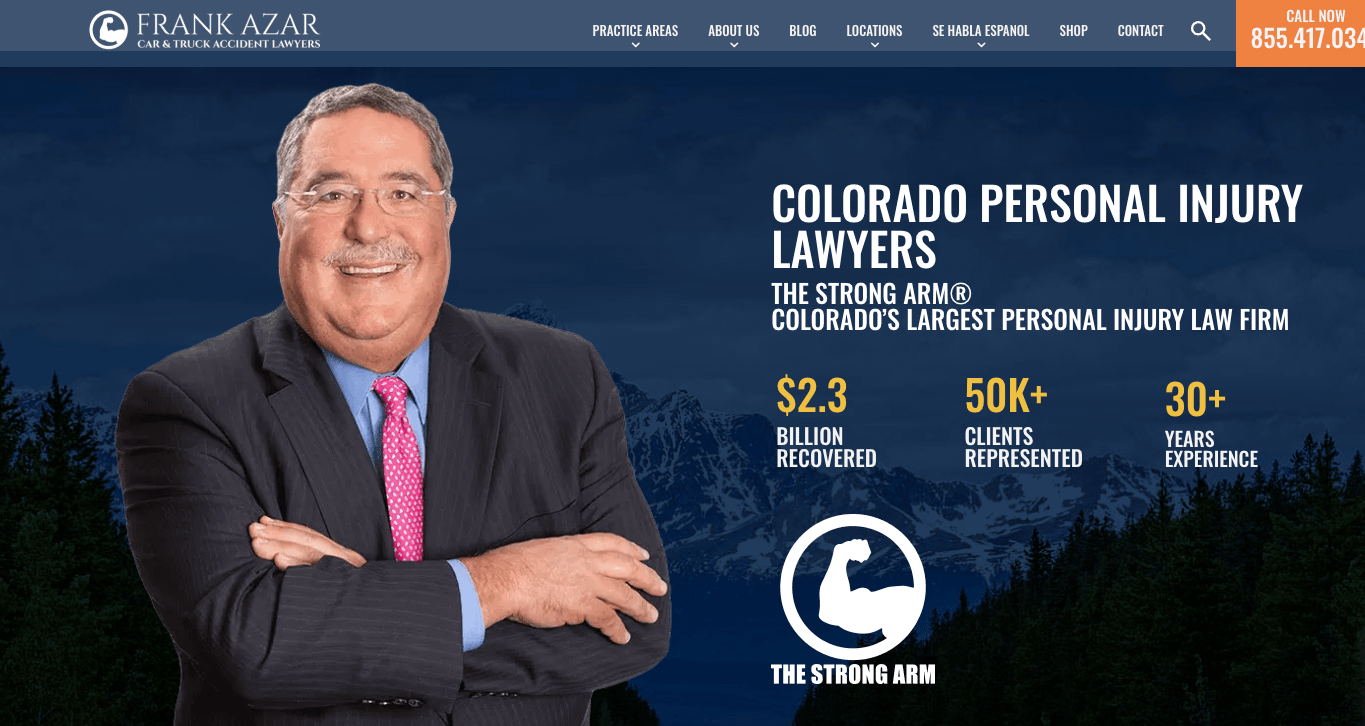 A man in a suit smiles with folded arms on a law firm website. Text reads Colorado Personal Injury Lawyers, highlights $2.3B recovered, 50k+ clients, 30+ years’ experience, and displays a flexed arm logo.