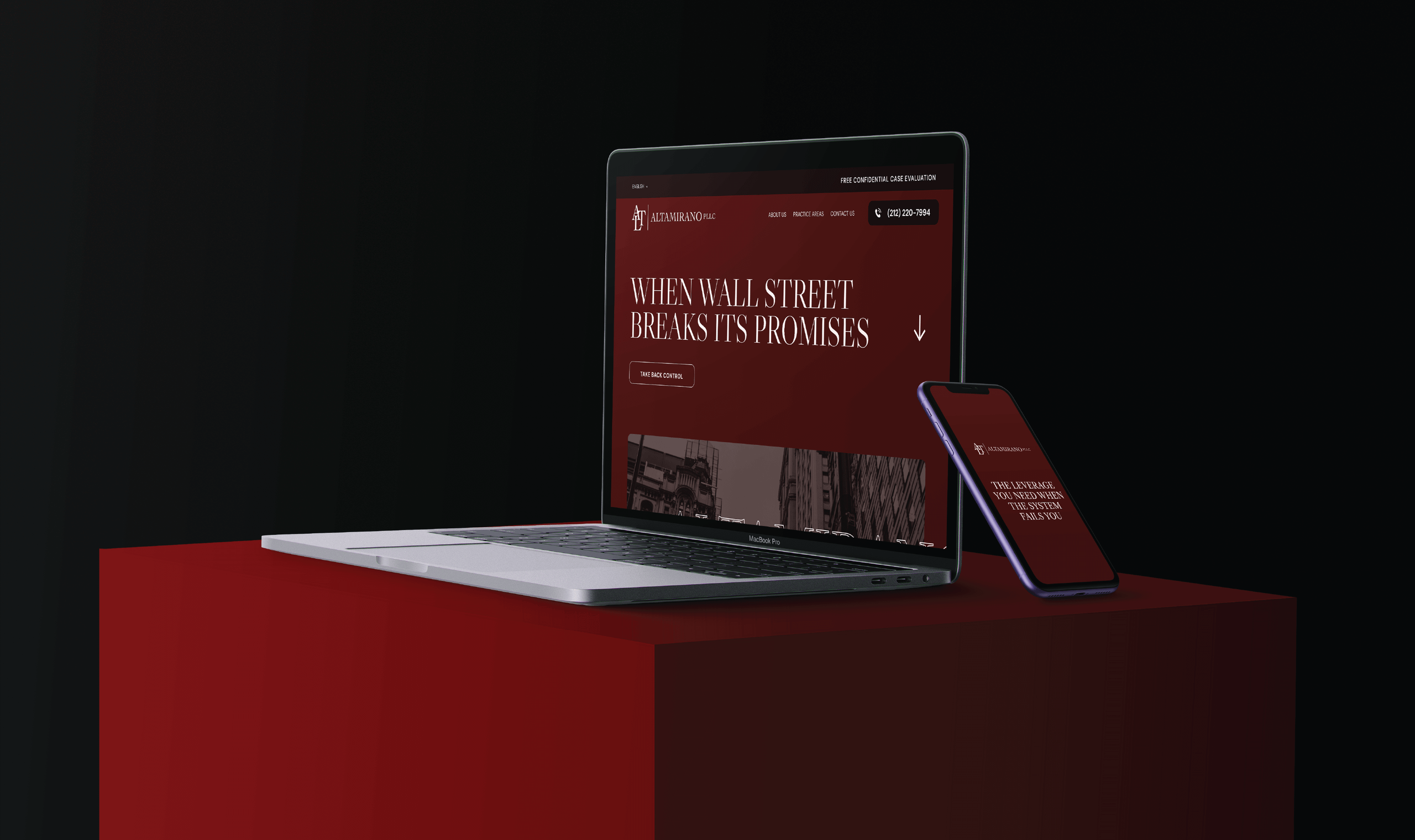 Mockup of a modern law firm website displayed on a laptop screen, showing clean typography, professional layout, and branding elements for Altamirano PLLC.