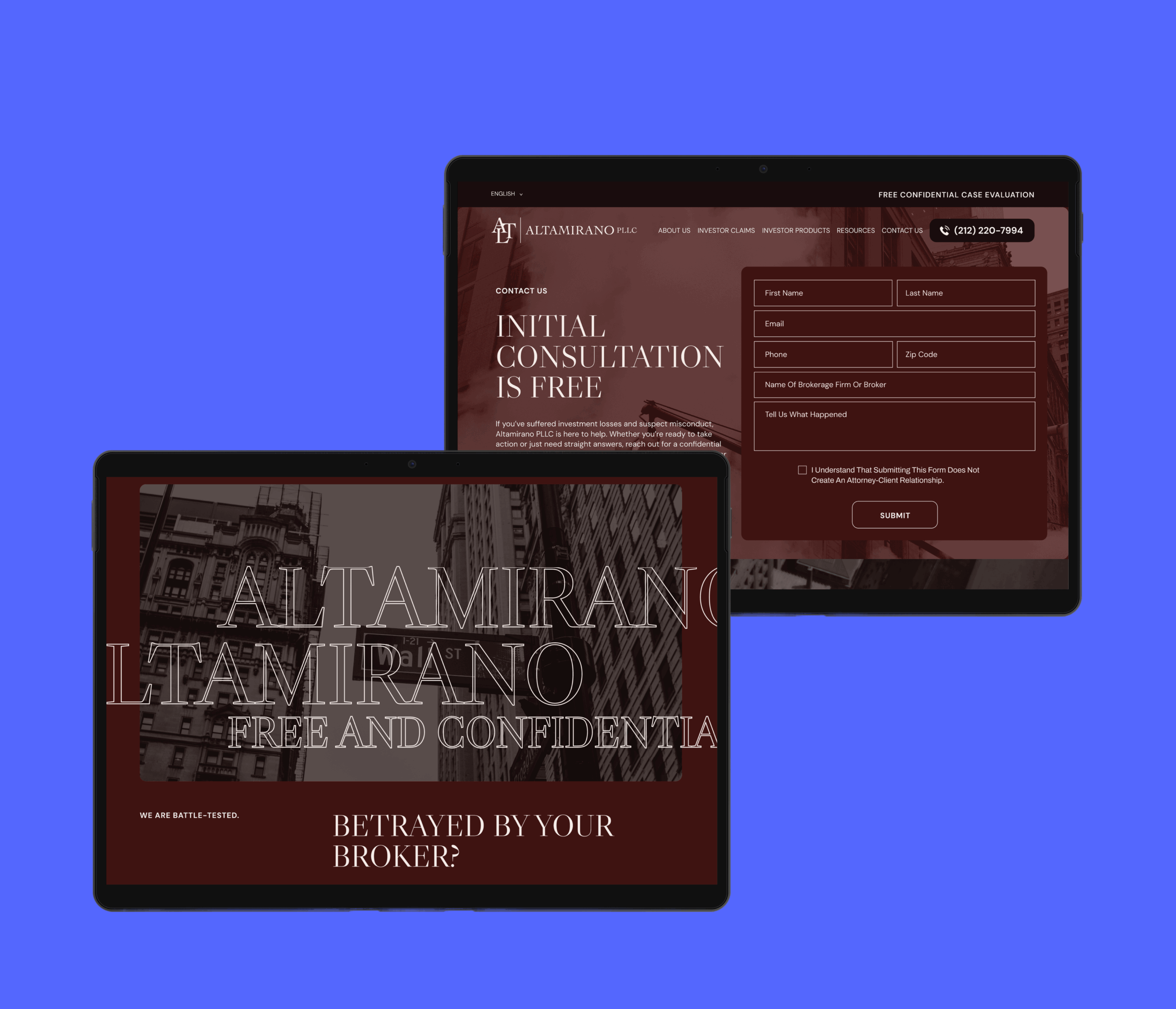 Two overlapping tablet screens display a website for Altamirano Law. The top screen offers a free consultation form, while the bottom shows city buildings. The tone is professional and inviting.