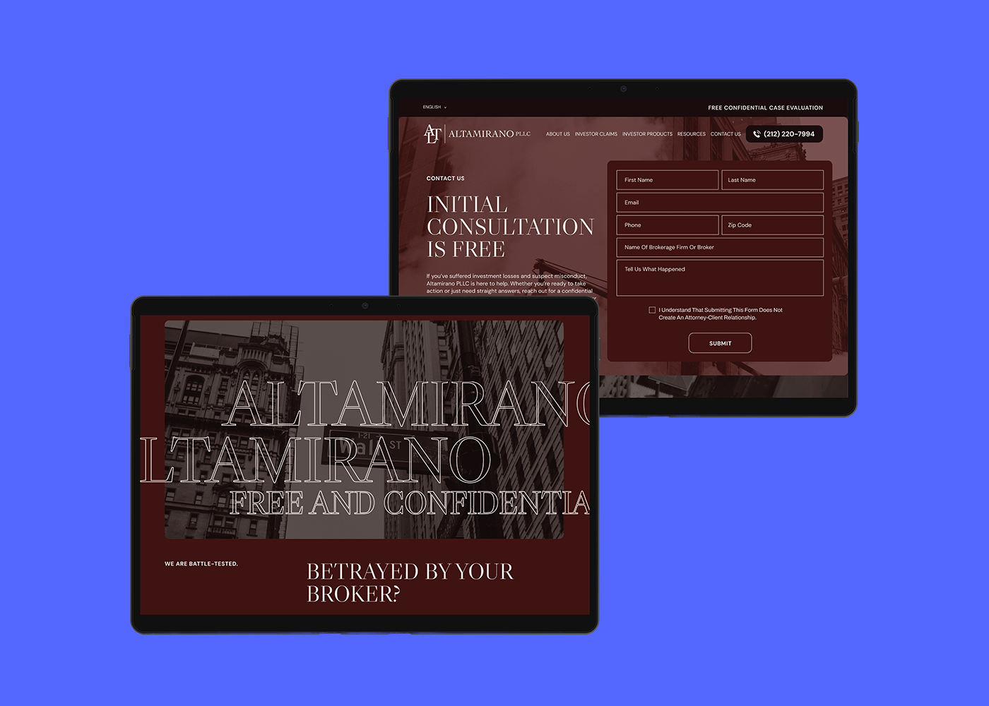 Two overlapping tablet screens display a website for Altamirano Law. The top screen offers a free consultation form, while the bottom shows city buildings. The tone is professional and inviting.