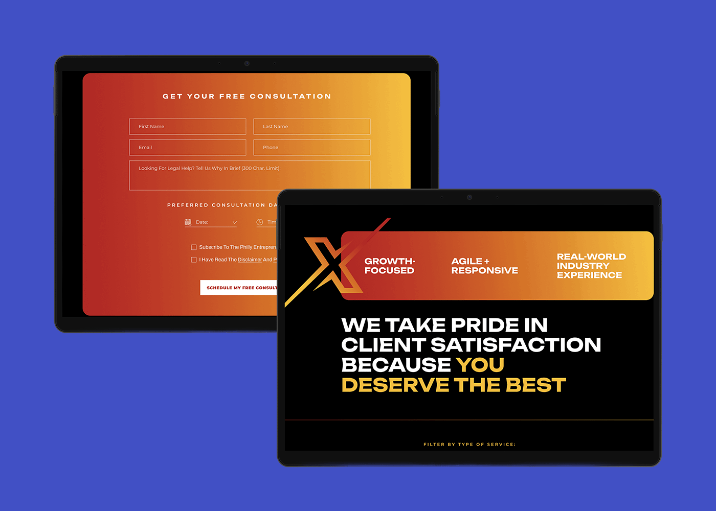 Two tablets on a blue background. The left screen shows a consultation form for AttorneyX with a red and orange gradient. The right screen highlights client satisfaction in bold text.
