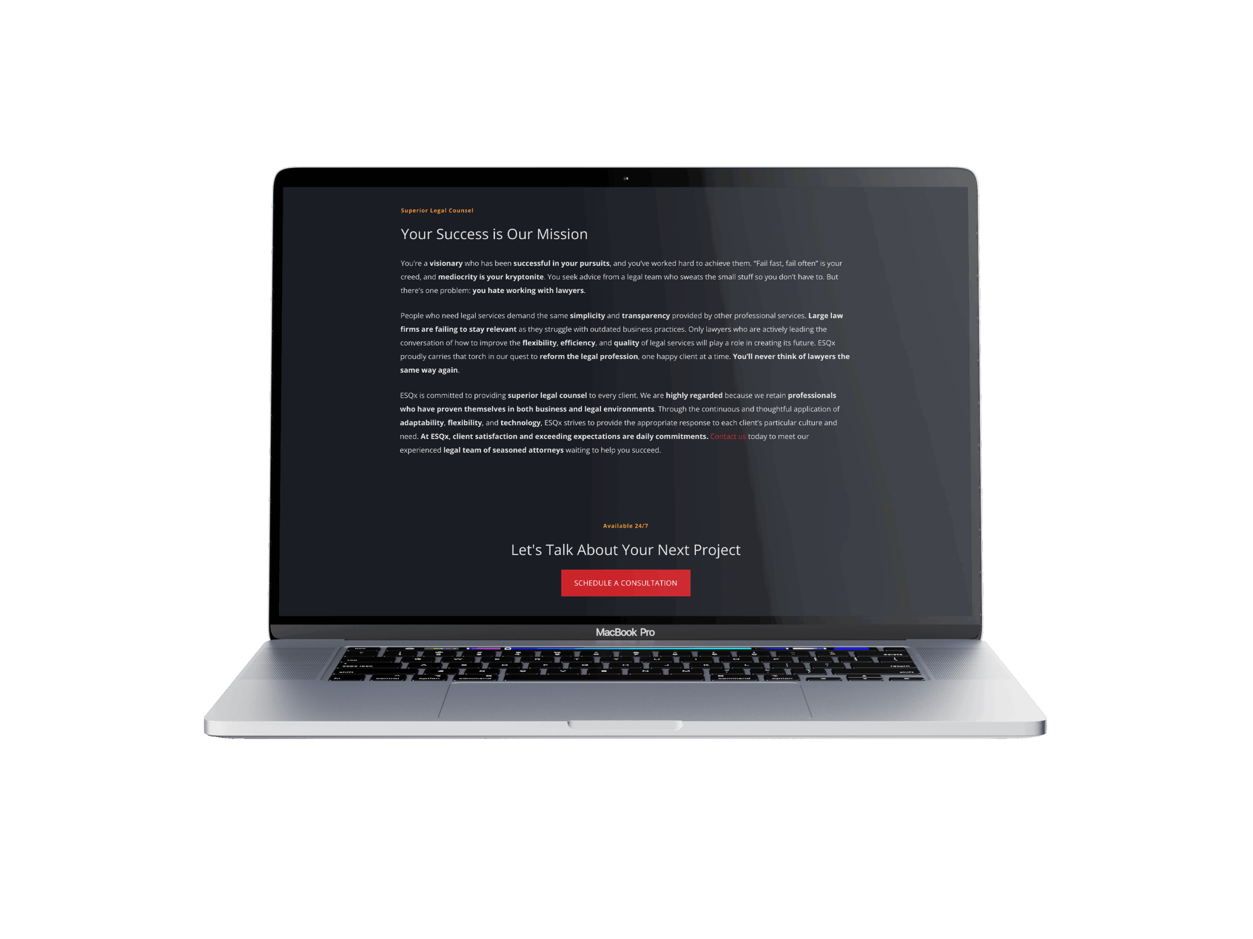 Silver MacBook Pro displaying a website with a dark theme and text about a mission to ensure client success. A red button labeled 