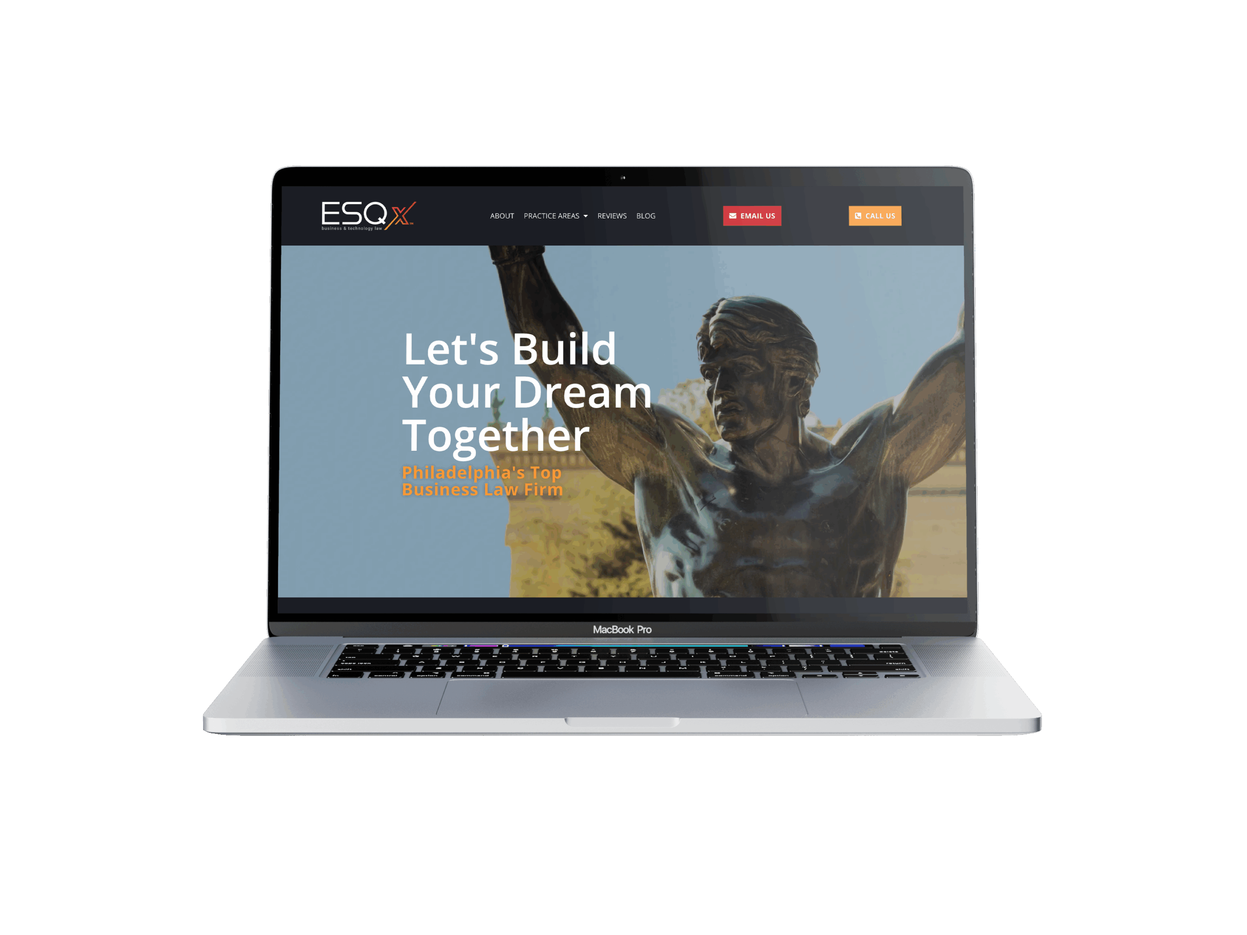 Laptop displaying a law firm’s website with a Rocky statue. Text reads, 