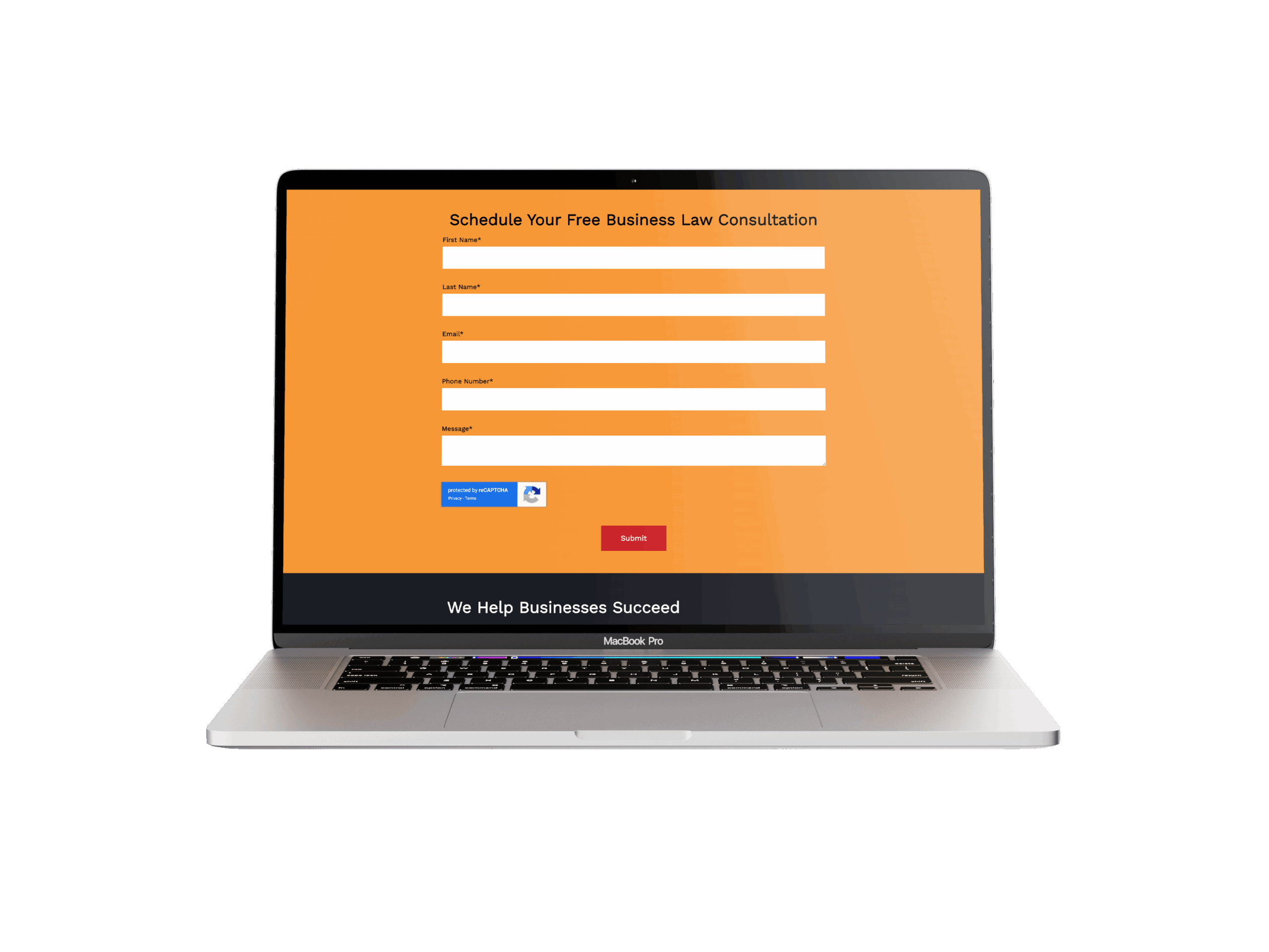 Laptop displaying an orange webpage with a form titled 