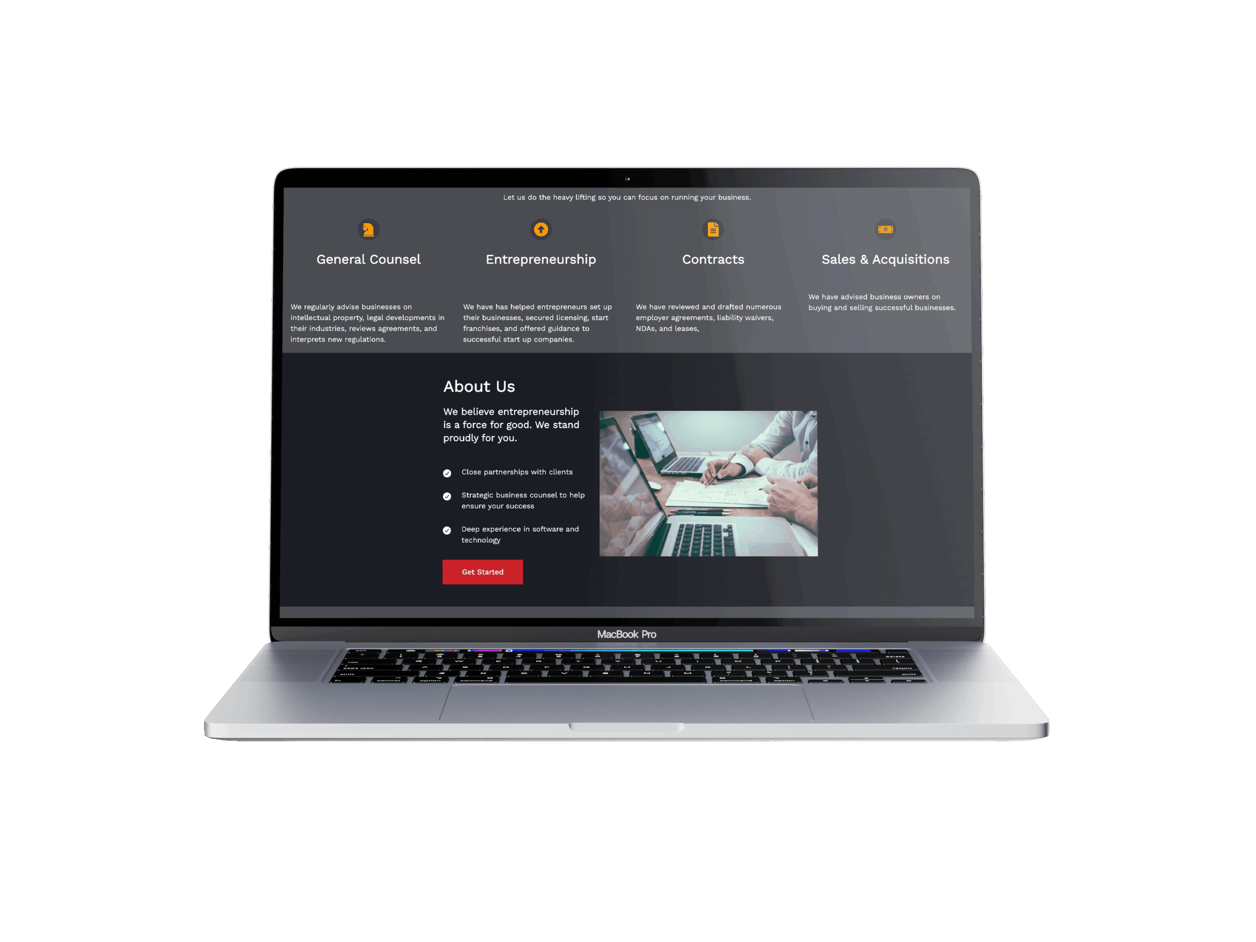 A laptop screen displays a business website, featuring sections on General Counsel, Entrepreneurship, Contracts, and Sales. A photo of a handshake is in the 