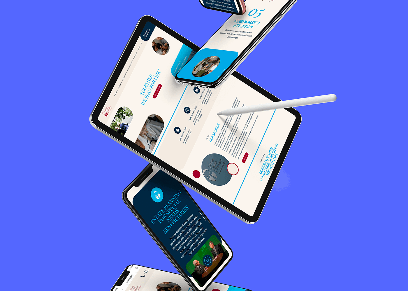 A collection of floating digital devices on a blue background displays FEPLG's website designs. A stylus points to a tablet, conveying a sense of dynamic technology.