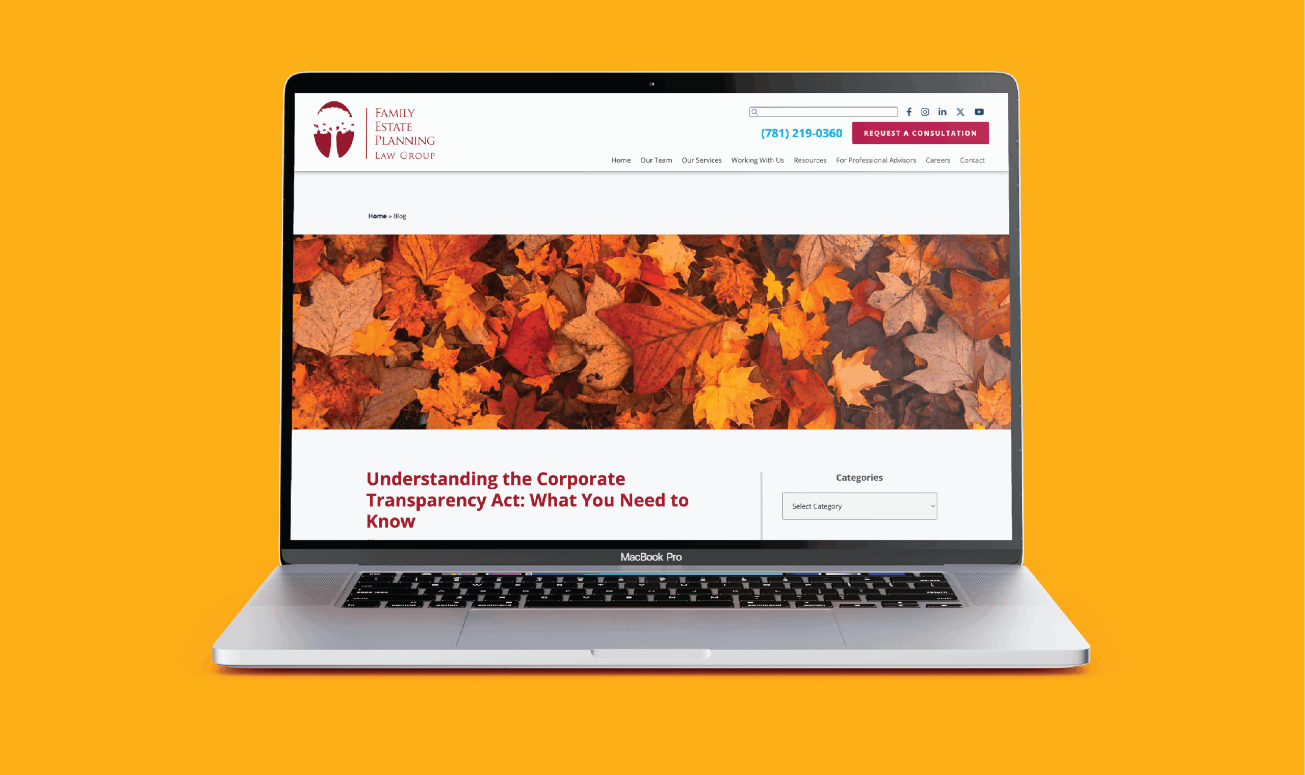 A laptop displaying a website with a header image of autumn leaves. The screen shows text about the Corporate Transparency Act. Background is orange.