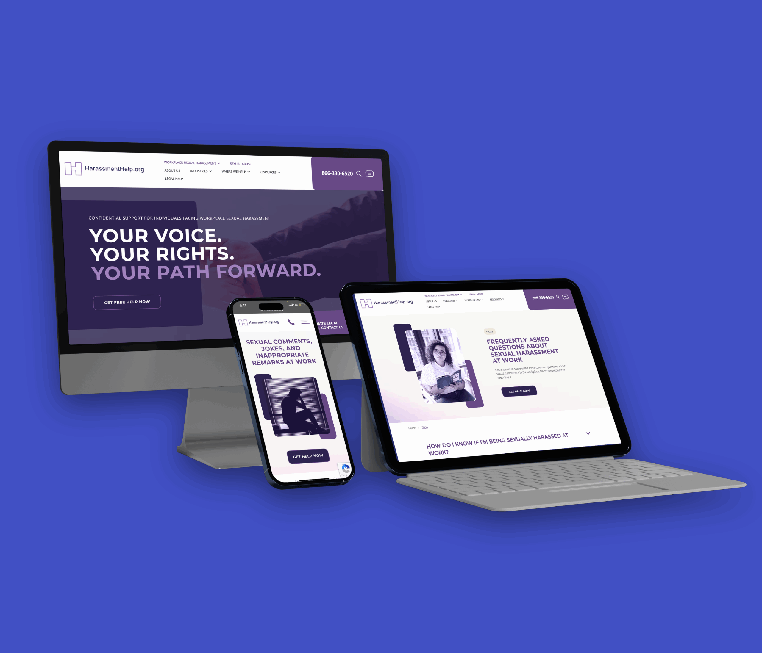 A computer, smartphone, and tablet displaying the HarassmentHelp.org website on a blue background. The website emphasizes empowerment and guidance.