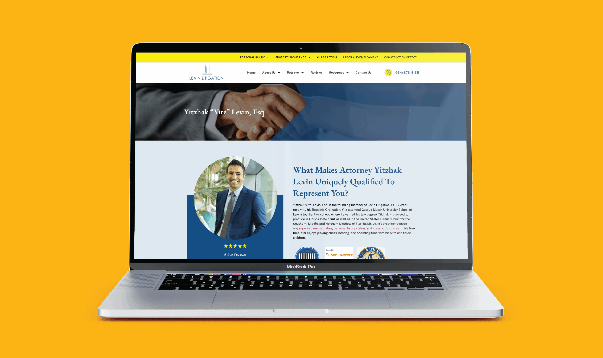 Laptop displaying Levin Litigation's old website on a vibrant yellow background. Features a professional man, 