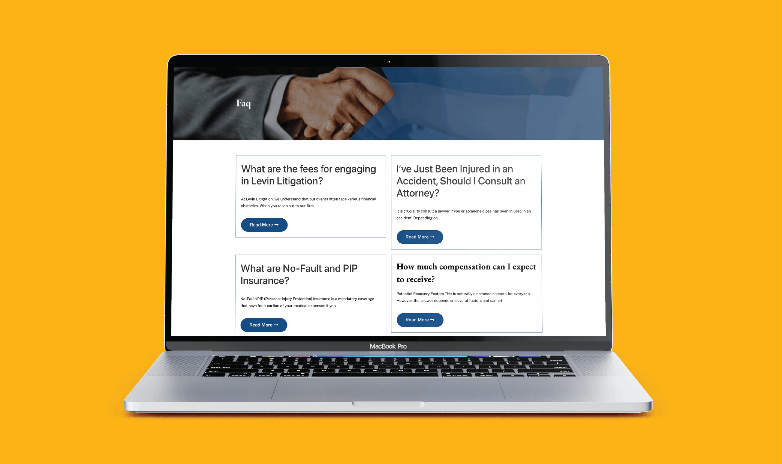 A laptop screen displays a legal website FAQ section with questions on litigation fees, accidents, insurance, and compensation. Background is orange, conveying professionalism.