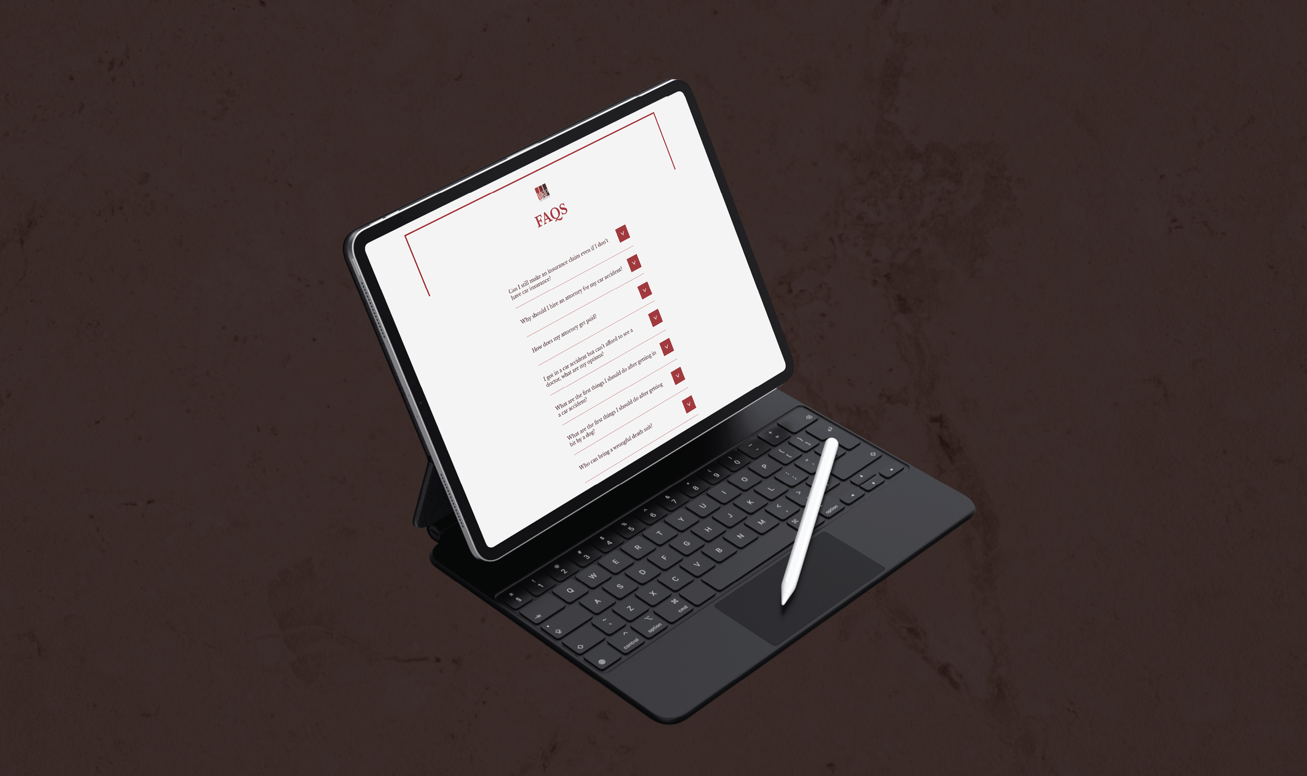 A tablet with a keyboard and stylus displays a FAQ page on a brown textured background. The screen shows neatly organized text and icons in a clean layout.