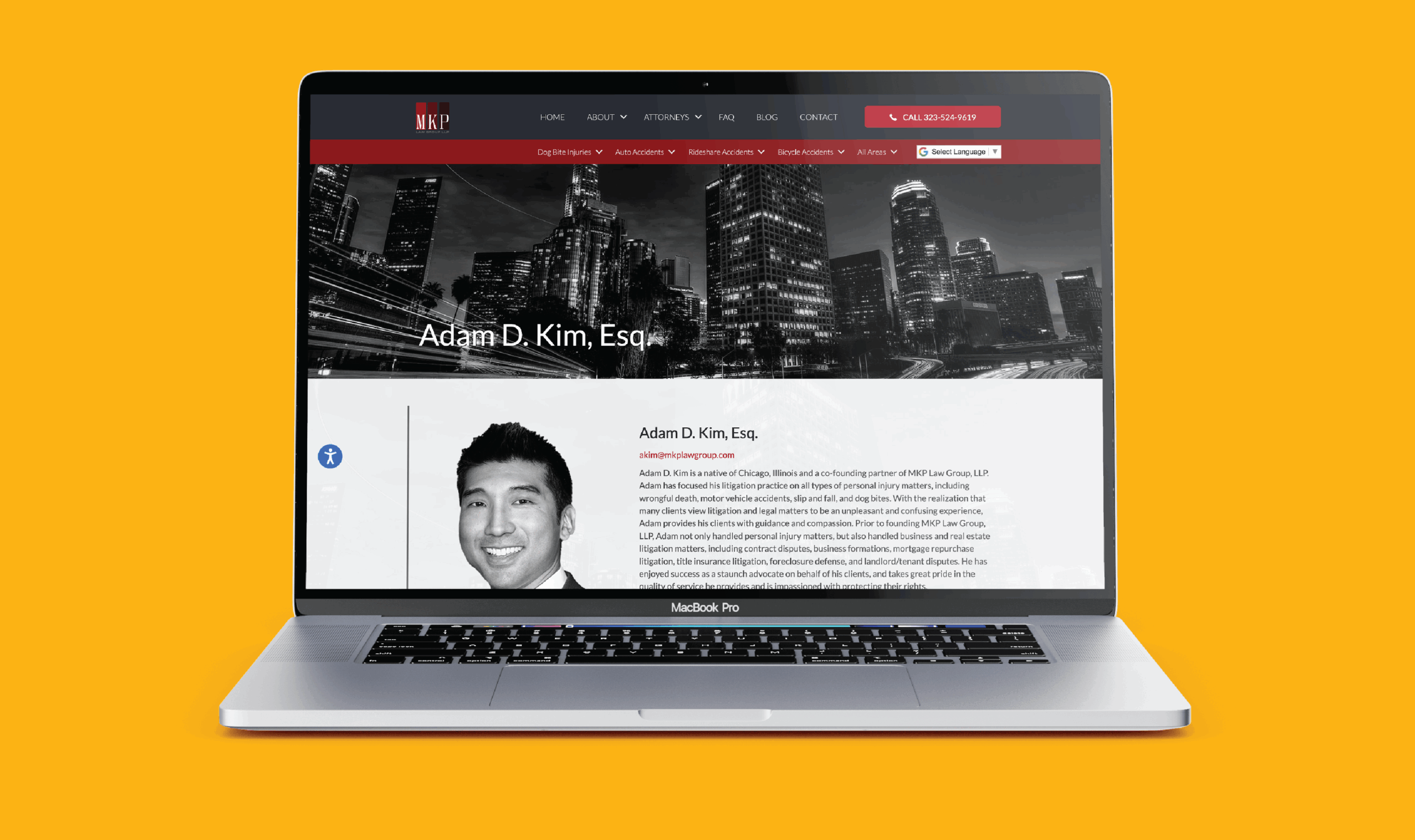 A laptop displaying a lawyer's website against an orange background. The webpage shows a grayscale cityscape, profile image, and bio of Adam D. Kim, Esq.