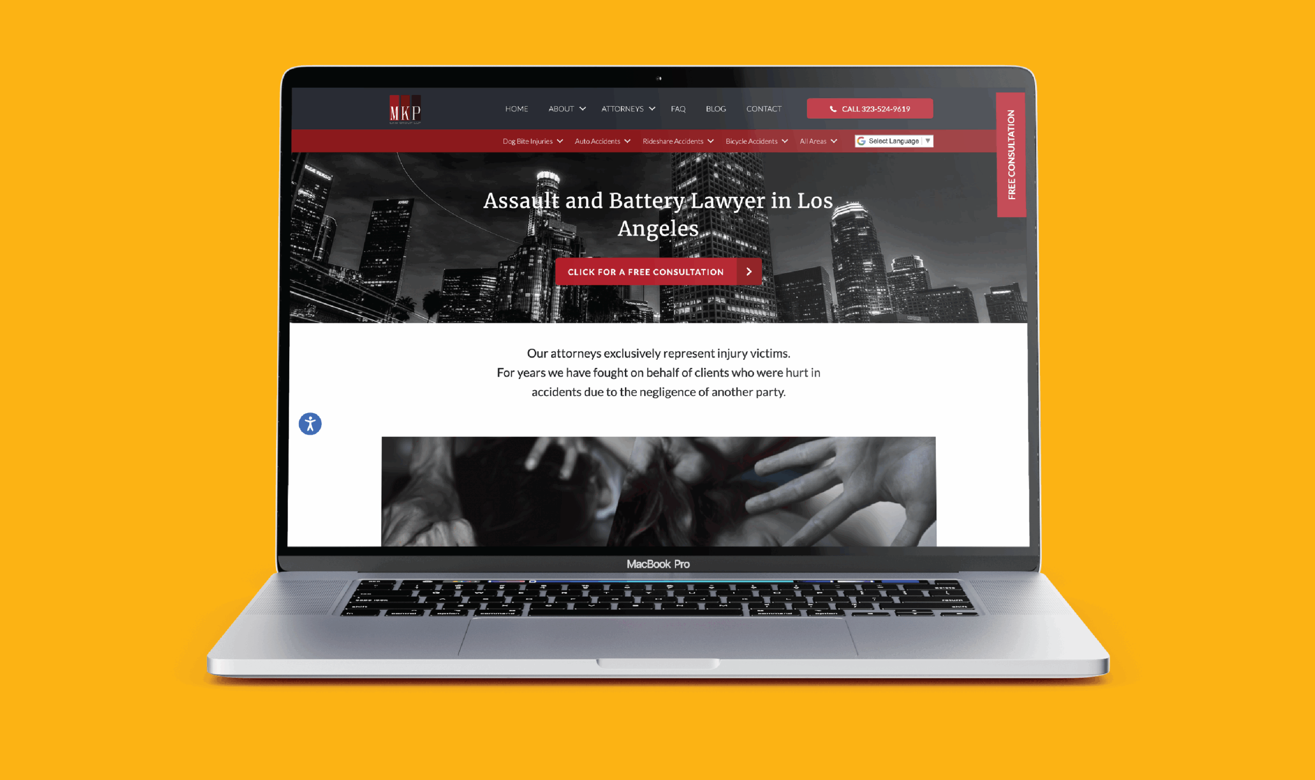 Laptop displaying a legal services website against a vibrant orange background. The site headline reads