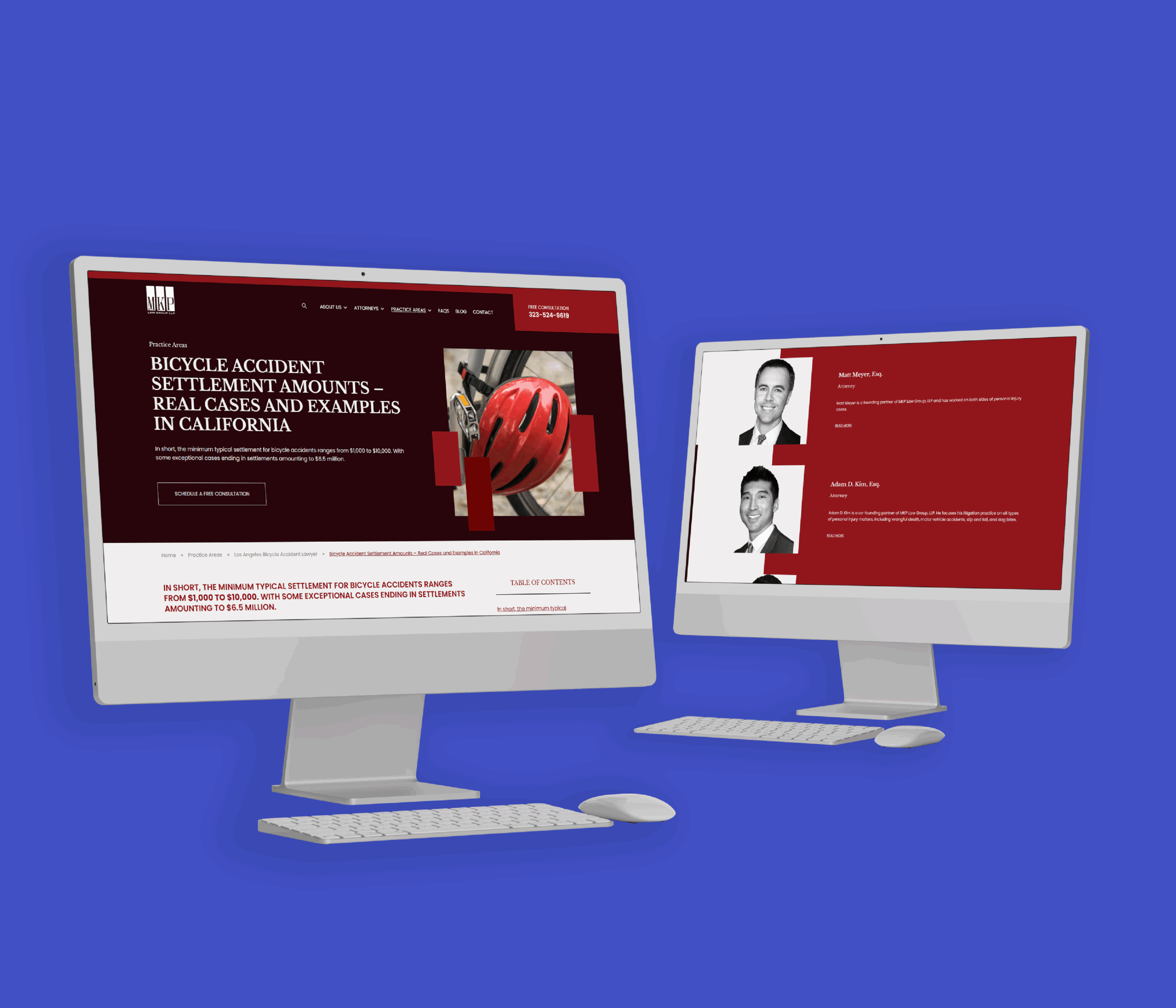 Two white desktop computers on a blue background display a MKP Law Group's website. The left screen shows a bicycle accident settlement article; the right shows lawyer profiles.